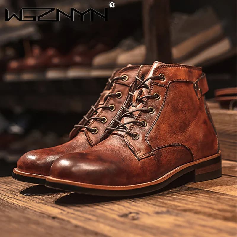 Men's high shoes in luxury retro leather Workwear Brown men's boots Flat casual comfortable men's shoes with laces Size 48