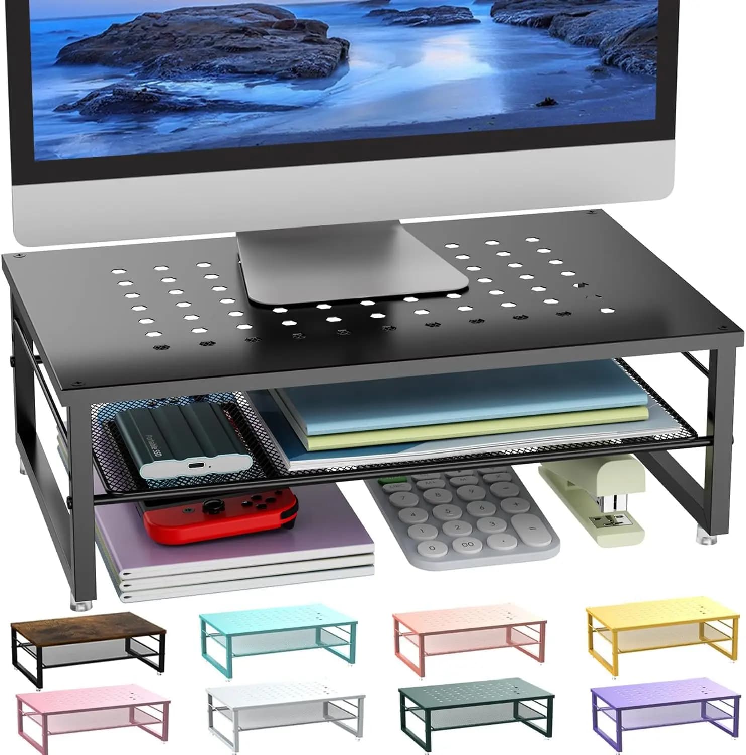 Supporto per Monitor a 2 Livelli in Metallo, Organizzatore da Scrivania per Forniture d'Ufficio, Nero