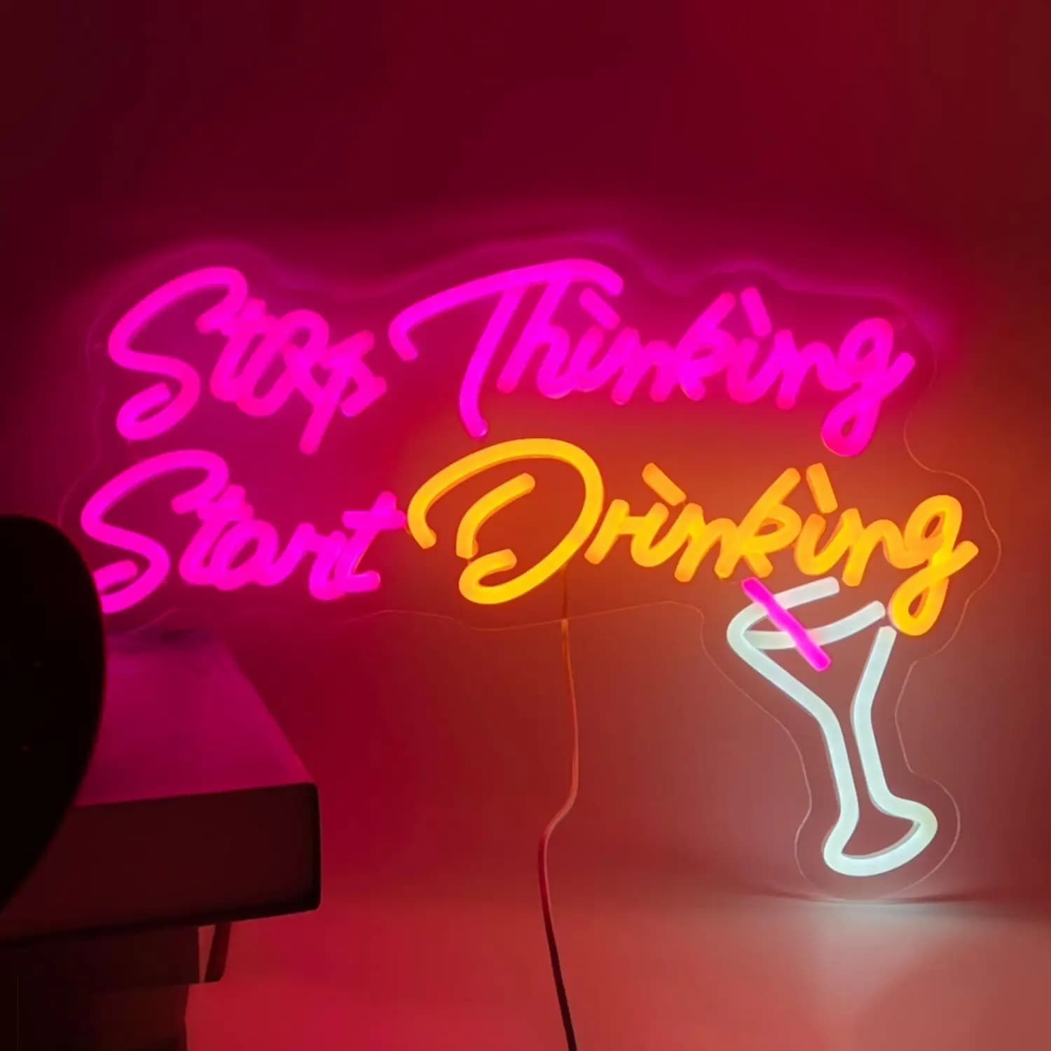 Insegna al neon 'Stop Thinking Start Drinking' - Decorazione da parete a LED USB per casa, bar, man cave, feste, club, ristoranti, regalo originale