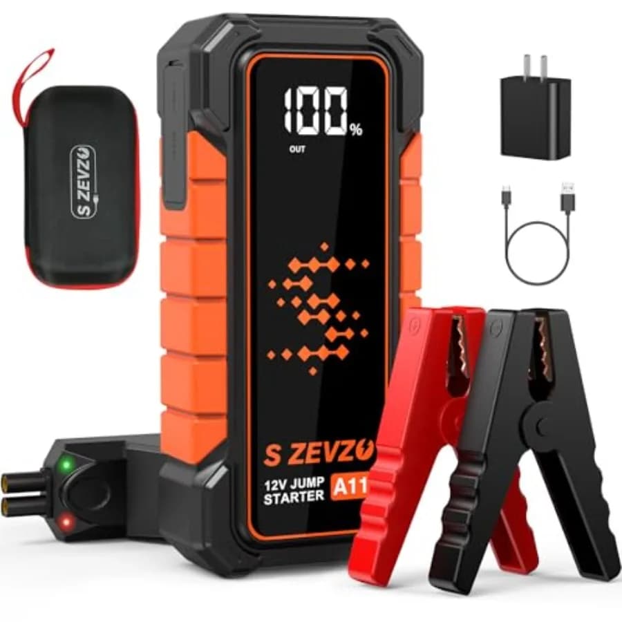 Avviatore di emergenza portatile per batteria auto al litio 12V nero, corrente di picco 5000A, supporta motori a benzina fino a 10.0L e diesel fino a 7.0L, include