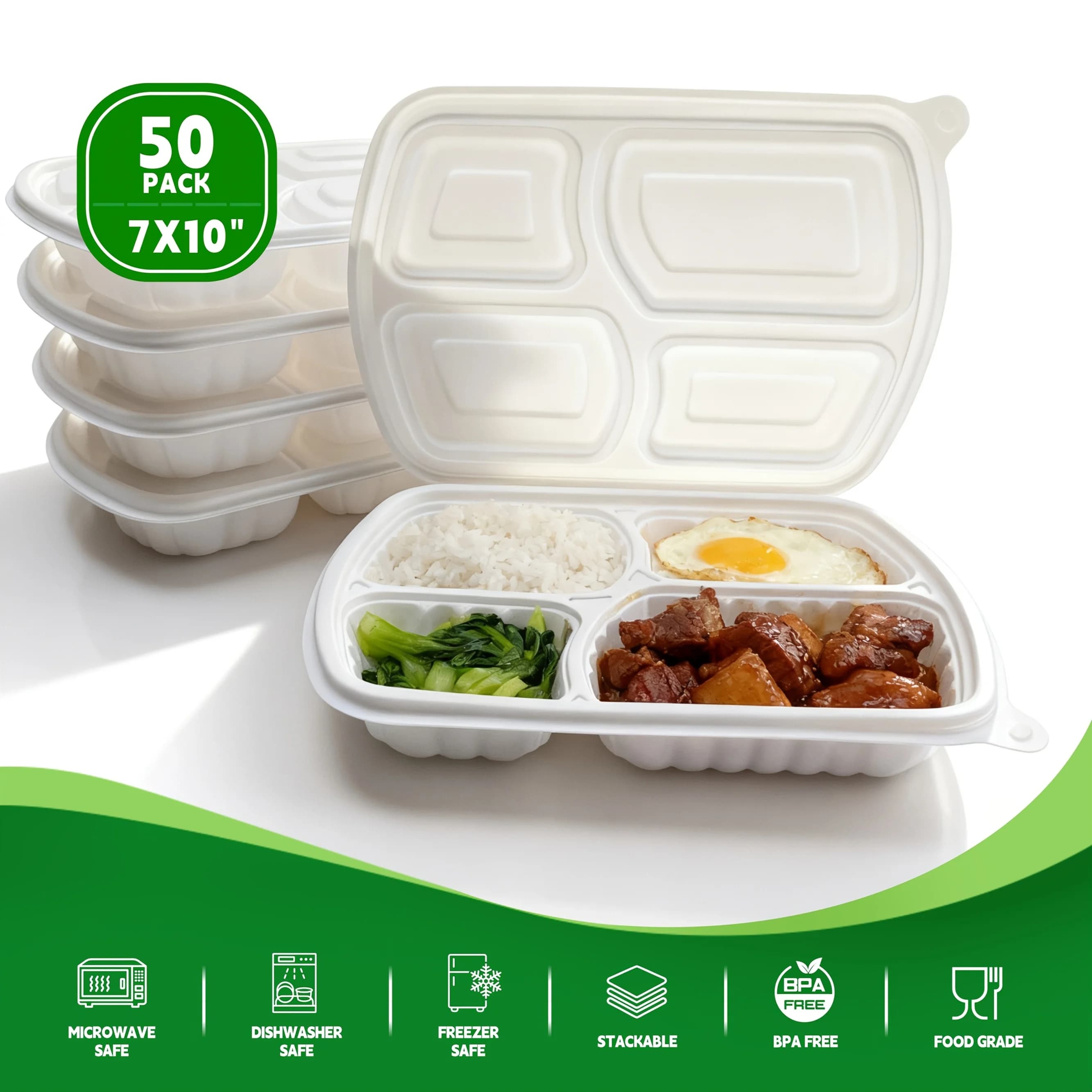 Contenitori per alimenti da asporto a 4 scomparti, confezione da 50, bianchi, tipo clamshell, resistenti, con coperchio a cerniera, senza BPA, per la preparazione dei pasti.