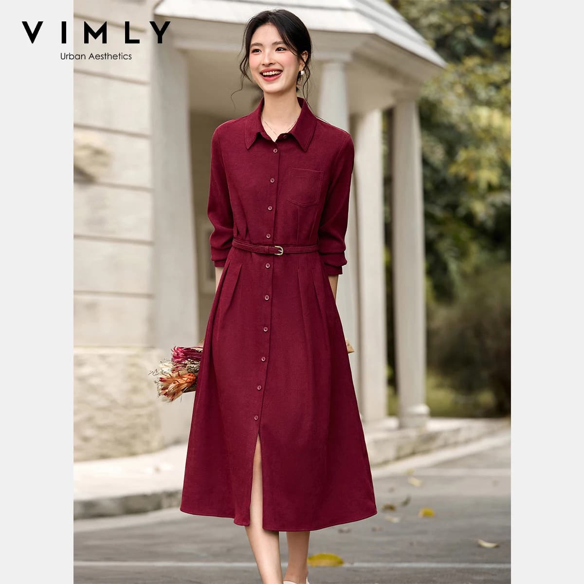 VIMLY Abito Lungo Rosso da Donna Stile Francese con Collo Rovesciato e Cinture, Vestito Vintage con Bottoni per l'Autunno 2026, Modello A2790