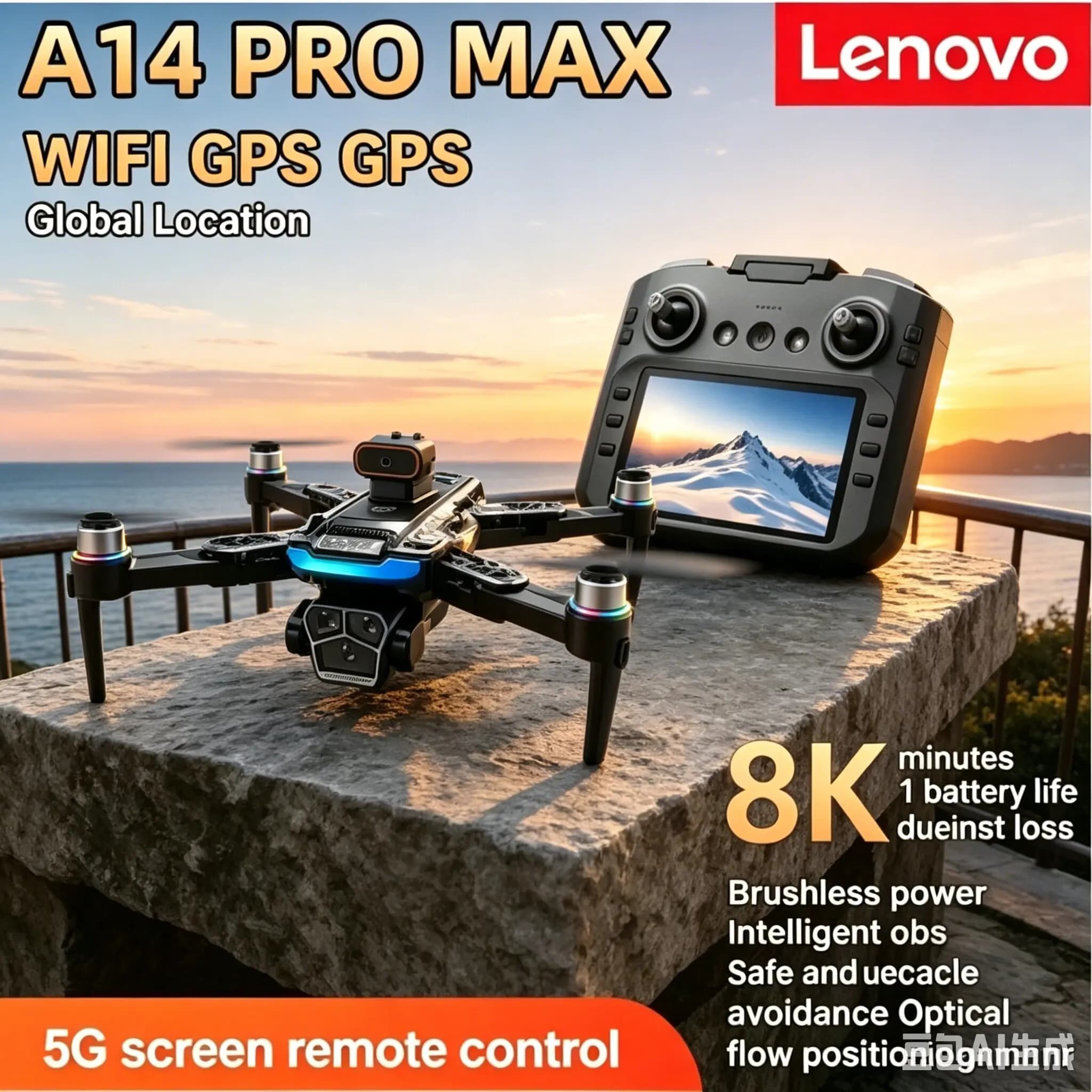 Drone Lenovo A14Pro Max 8K con Tre Telecamere, Evitamento Ostacoli, Flusso Ottico, Motore Brushless, GPS, Quadricottero RC a Lunga Distanza