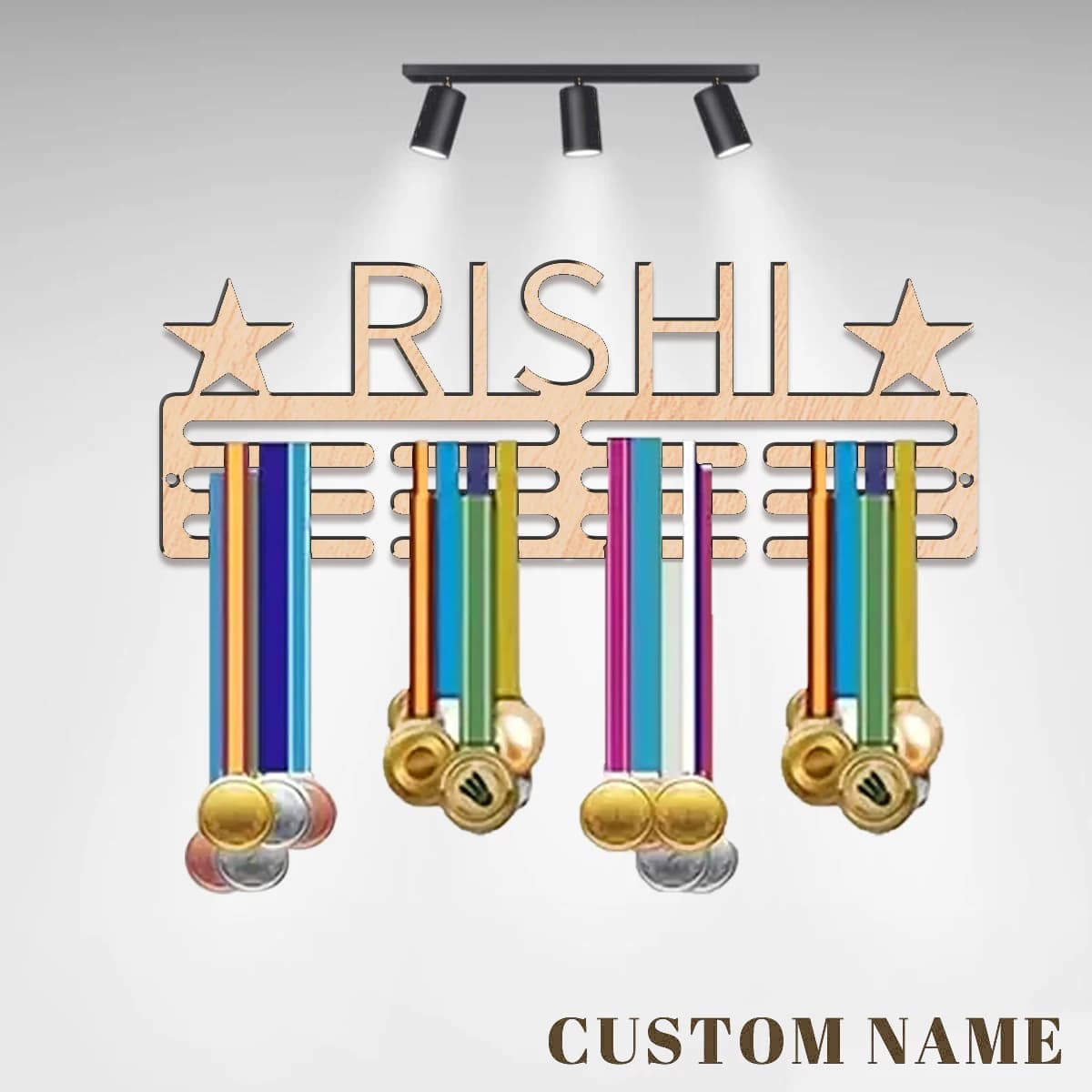 1pc Custom Star Football Wooden Sports Medal Holder,Wall Mounted Display Storge for Sports Awards,Home Room Birthday Decor Gift