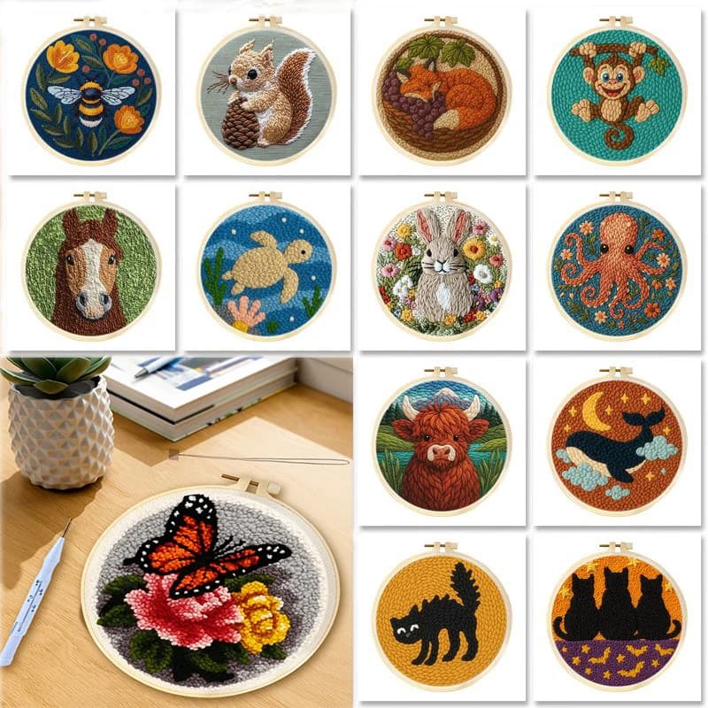 DIY Punch Needle Kits for Beginners Animal Pattern with Hoop Embroidery Punch Needle Starter Craft Set Giraffe Festival Gift