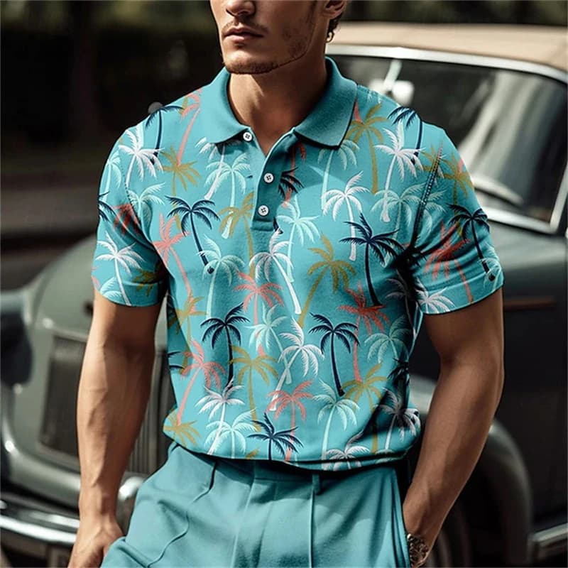 Hawaiian Beach Coconut Trees Polo Shirt For Men Summer 3D Print Leaves Short Sleeve Golf Polo Shirts Casual Street T Shirt Tops