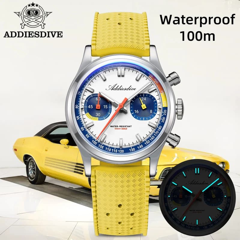 ADDIESDIVE Orologi da polso al quarzo da uomo di moda VK64 Cronografo in vetro bombato Acciaio inossidabile 316L Orologio luminoso impermeabile da 100 m