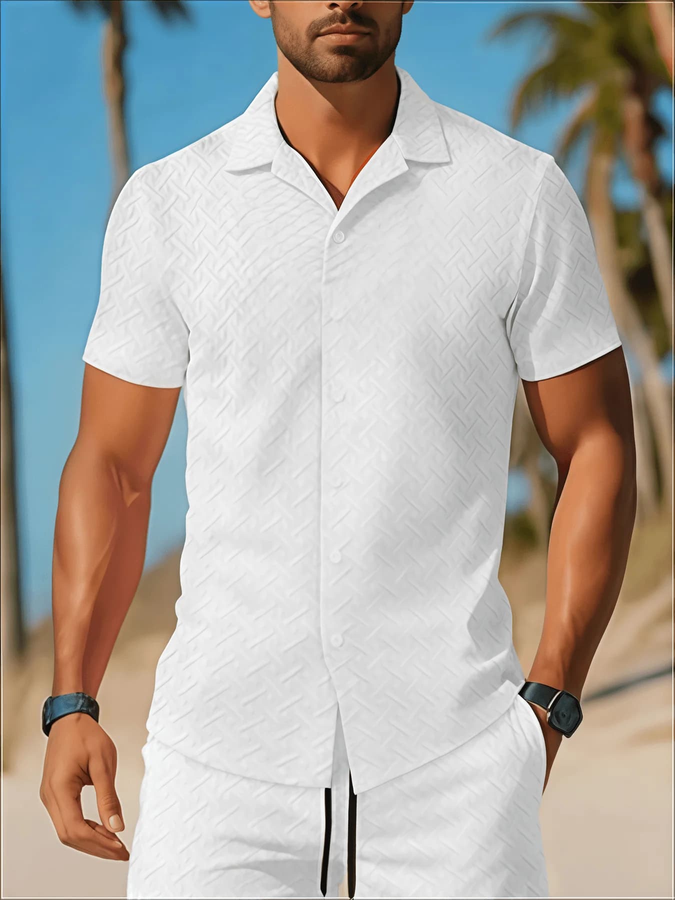 Nuovo Completo Estivo da Uomo: Camicia a Maniche Corte con Colletto Jacquard e Pantaloncini Tinta Unita, Set Due Pezzi Casual per Spiaggia e Outdoor