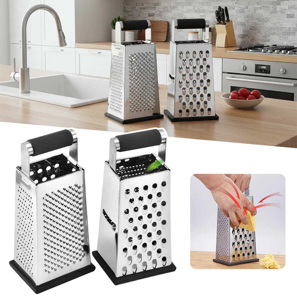 Grattugia a mano 4 in 1 in acciaio inossidabile a 4 lati, grattugia per formaggio, verdure, utensile da cucina, lame affilate, zenzero, aglio, zester, grattugia a mano