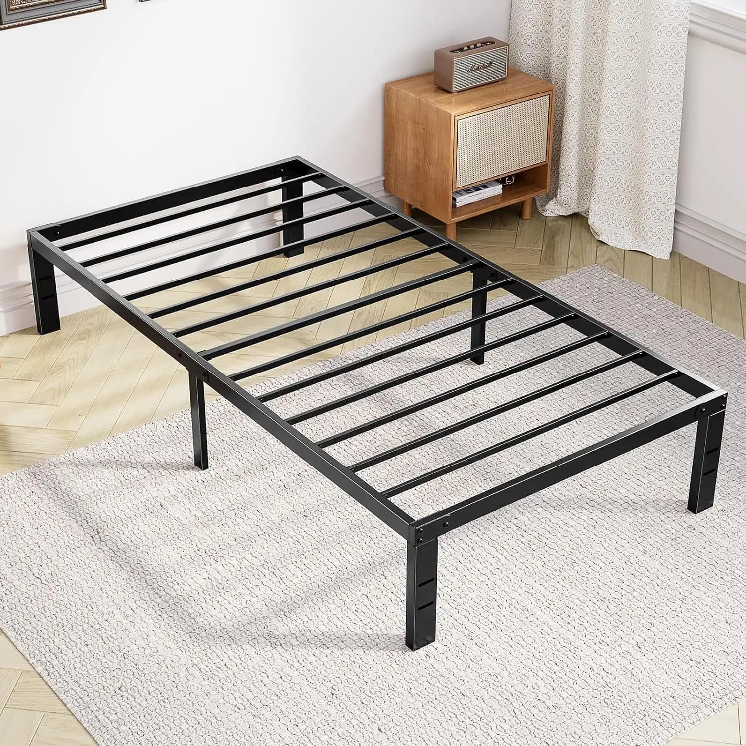 Double bed structure: bed structure with metal platform, mattress base with steel slats support, no springs, storag