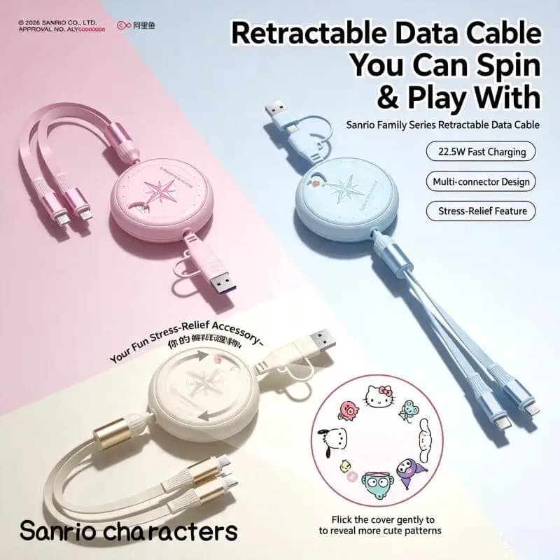 Sanrio Retractable Data Cable 22.5W Hello Kitty My Melody Fast Charging 2-In-1 for Type-C Micro-Usb Cartoon Charging Cable Gift