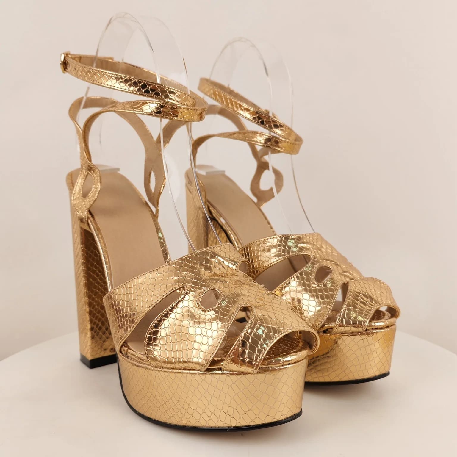 Women's Gold Snakeskin Print Platform Block Heel Sandals Open Toe Ankle Strap Chunky Heel Pumps Glam Metallic Summer High Heels