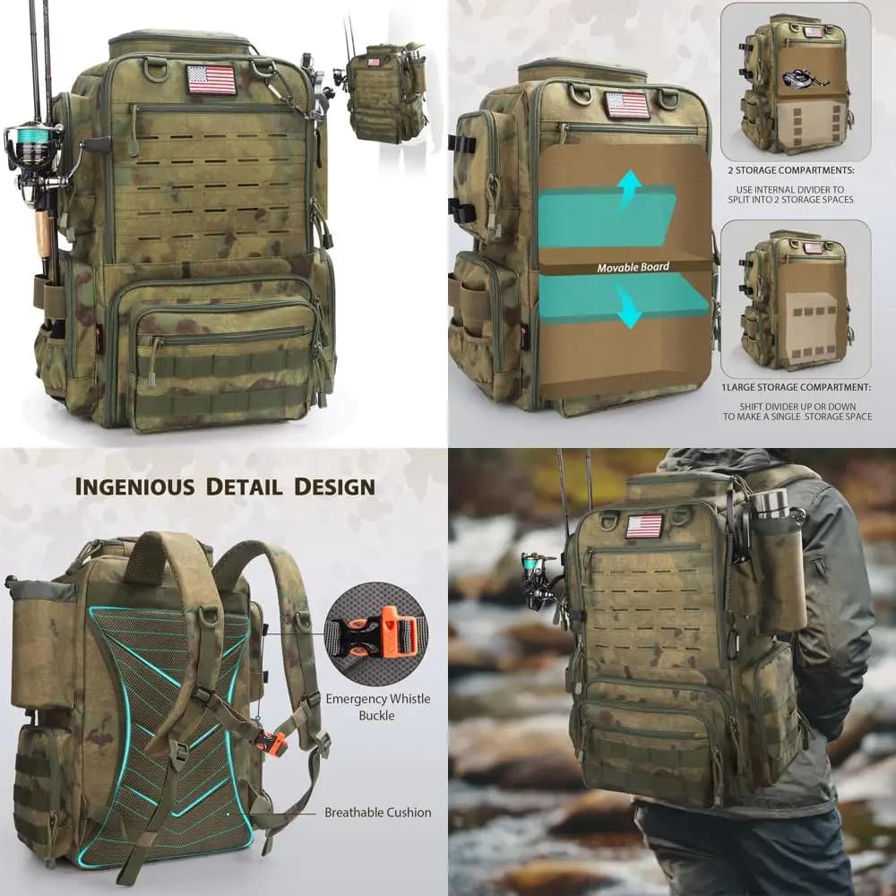 Zaino da Pesca Impermeabile 45L con 4 Portacanne, Ideale per Uomini e Donne (Verde Foresta)