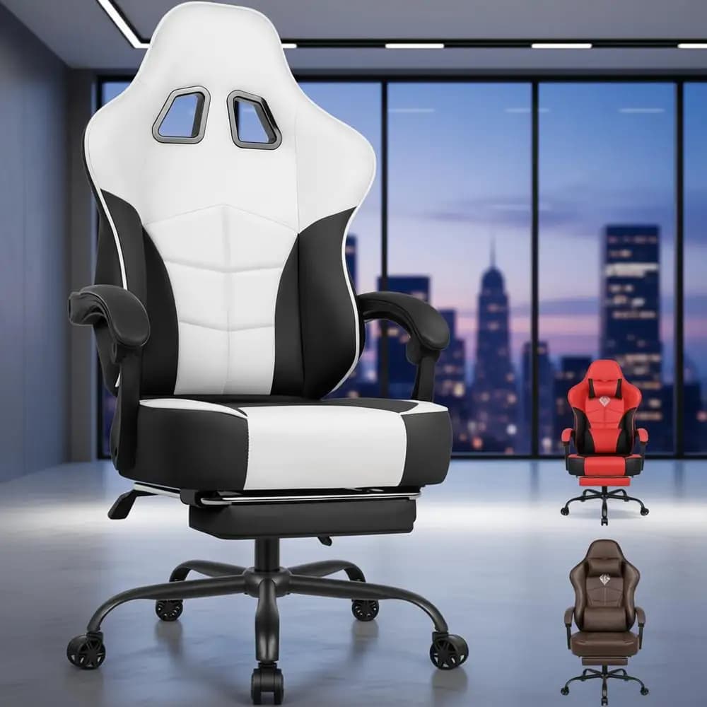 Sedia da gaming ergonomica in pelle PU con altezza regolabile, poggiapiedi, supporto lombare e schienale alto per un comodo uso in ufficio