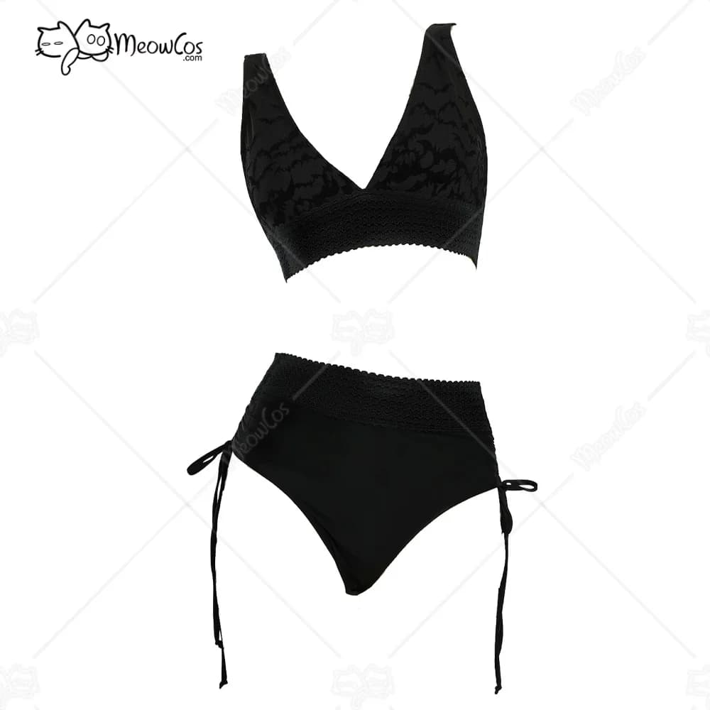 MEOWCOS Costume da bagno da donna in due pezzi con motivo pipistrello nero gotico con onde notturne e top a V profondo e pantaloncini