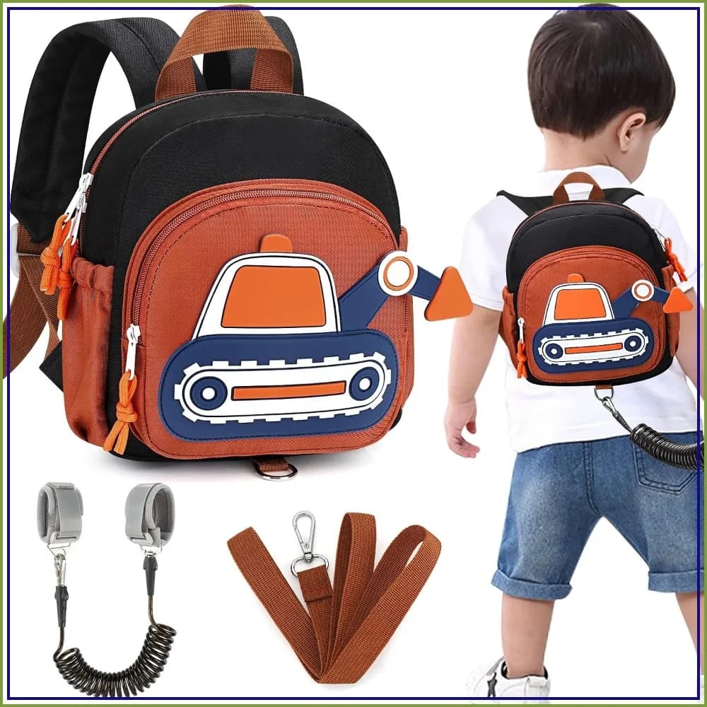 Toddler Leash Backpack, Cute Excavator Safety Harness with Anti-Lost Wrist Link for Boys, Kids Travel Essentials