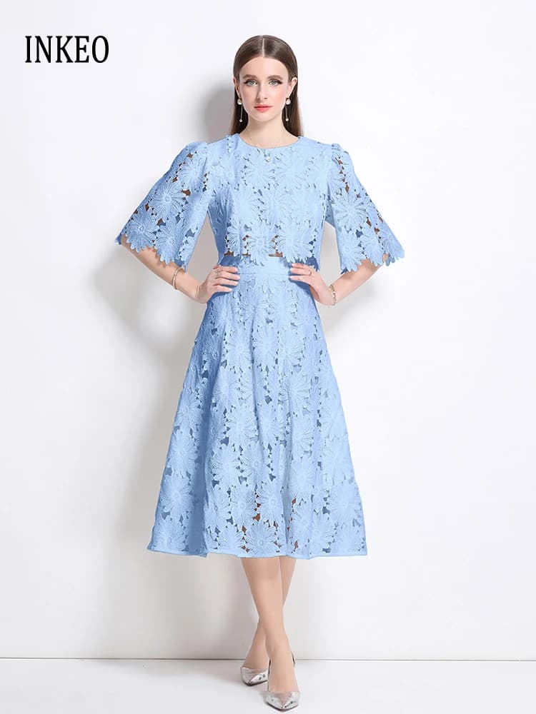 2025 Summer elegant lace 2 pieces set woman style beach top short sleeve and skirt longuette blue white Rhodo digs out INKEO 5T065
