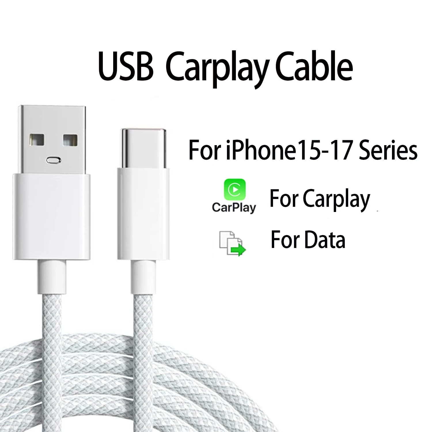 USB to Type-C Nylon Braided CarPlay Cable for iPhone 17/16/15 Pro Max with Data Function for Photo & Video Transfer to Computer.