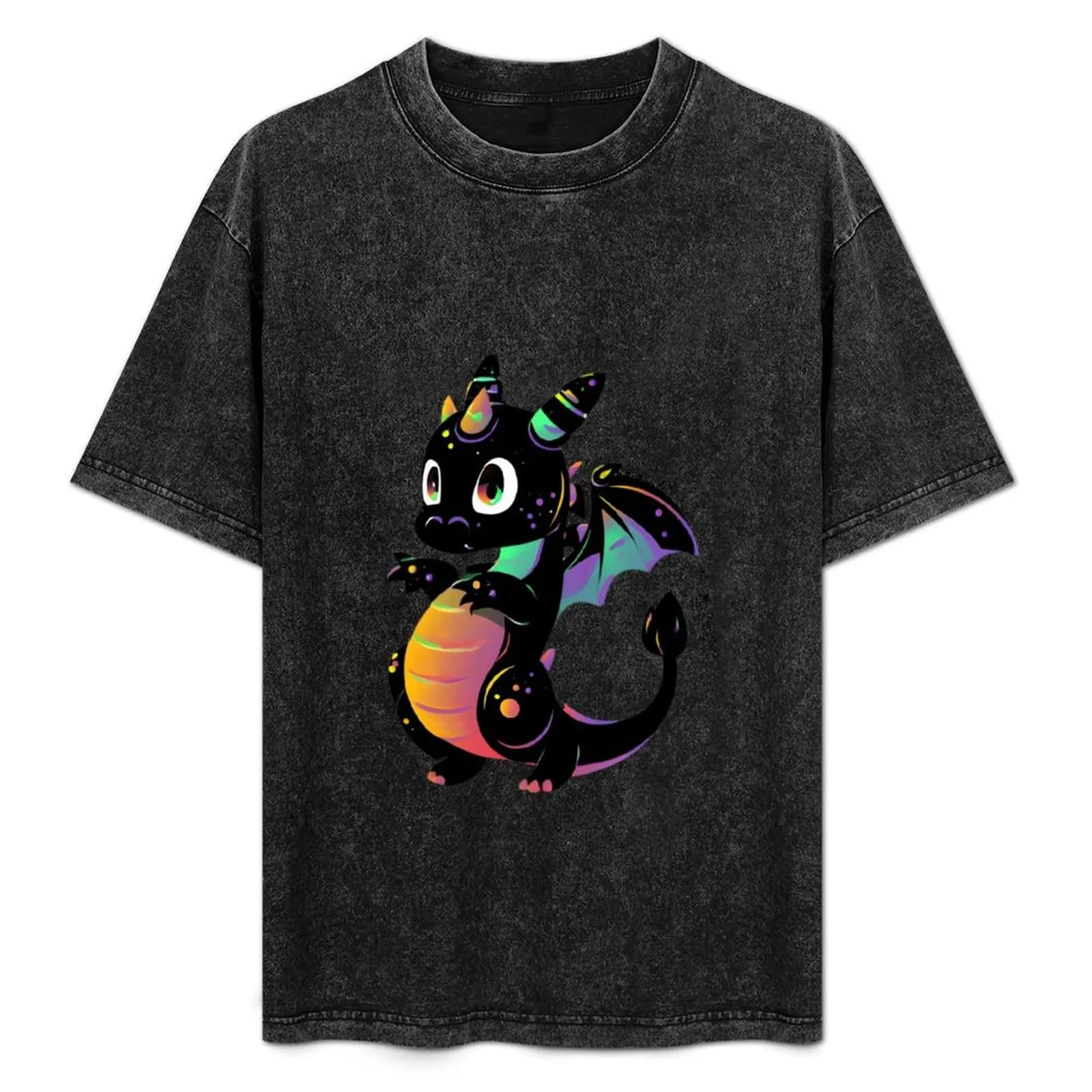 T-shirt con illustrazione di un simpatico drago nero magico, t-shirt da viaggio traspirante