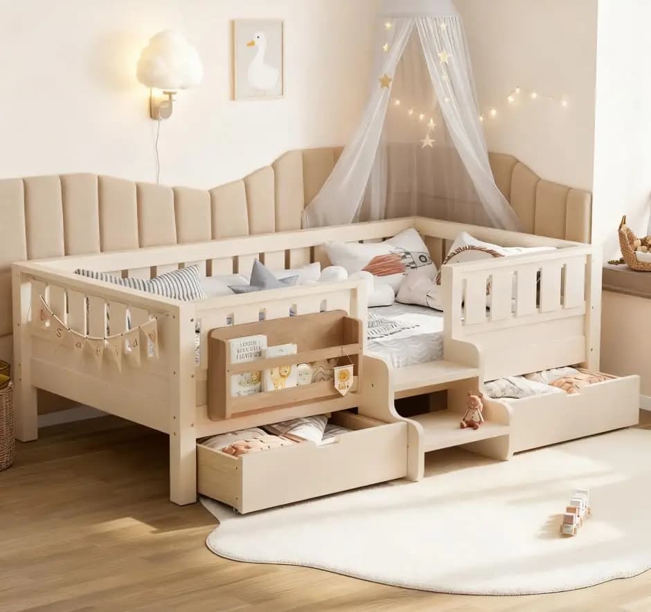 Letto Gemellare per Bambini con Sponde Alte, Libreria Integrata e Cassetti, Letto Montessori in Legno per Bambine e Bambini, Beige, Personalizzabile
