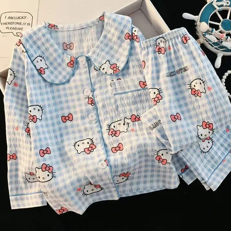 Set pigiama genitore-figlio Sanrio Hello Kitty Kawaii Anime Cinnamoroll Moda per bambini Top morbidi con risvolto a maniche lunghe Pantaloni Homewear