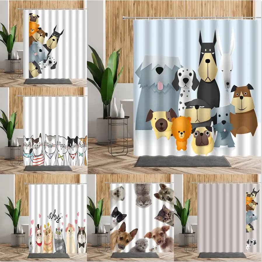Cartoon Cute Animal Tenda da doccia Gatto Cane Anime Stampato Decorazioni per il bagno Tessuto da bagno impermeabile 3D Tende per la casa per bambini