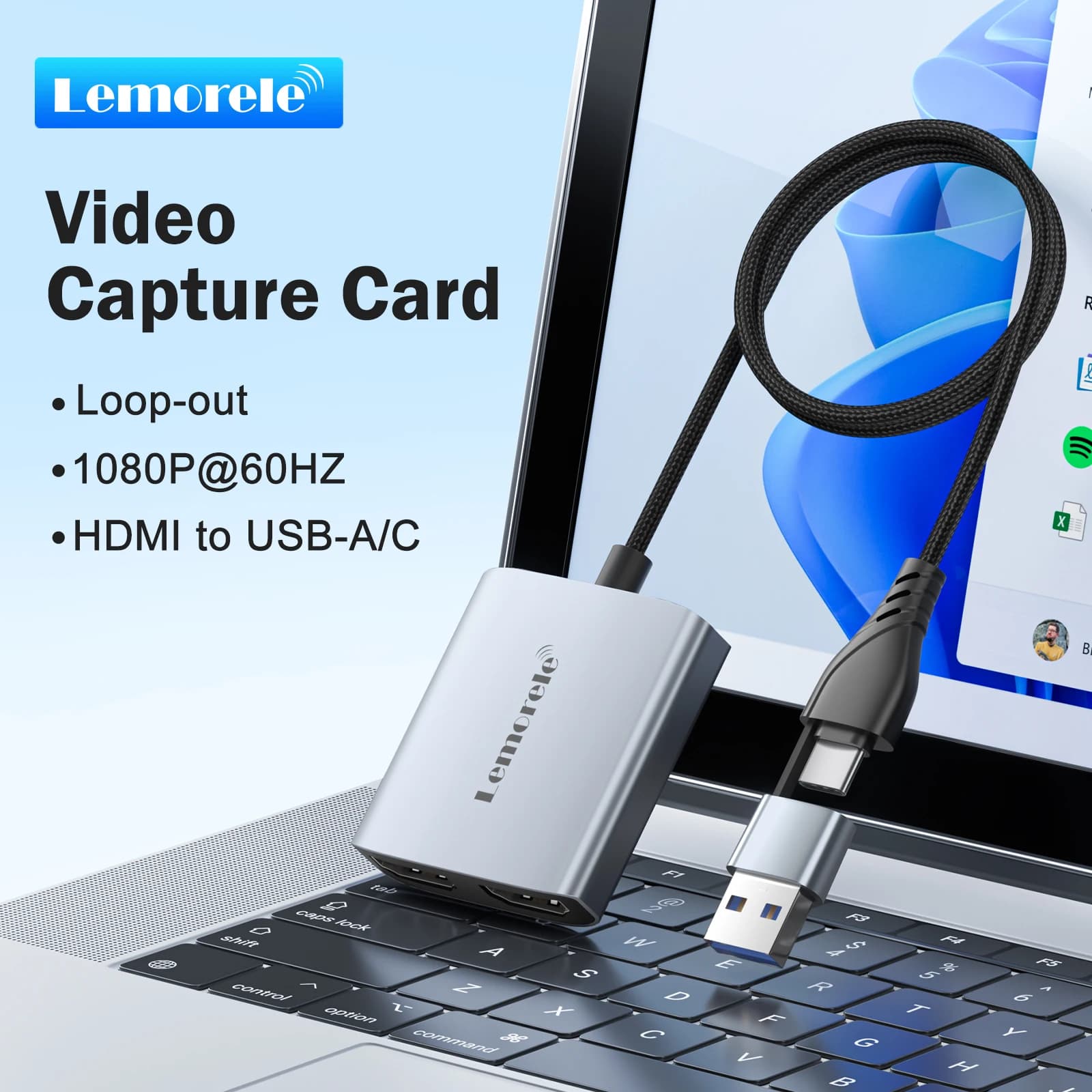 Video Capture Card Lemorele HDMI to USB A/Type-C 1080P 60HZ Video Recorder for PS4/5 Switch Live Streaming Recorder