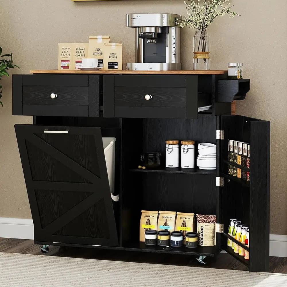 Isola da Cucina con Piano Ribaltabile, Carrello, Cestino, Portaoggetti, Portasciugamani e Portaspezie, Carrello per Colazione, Bianco o Nero