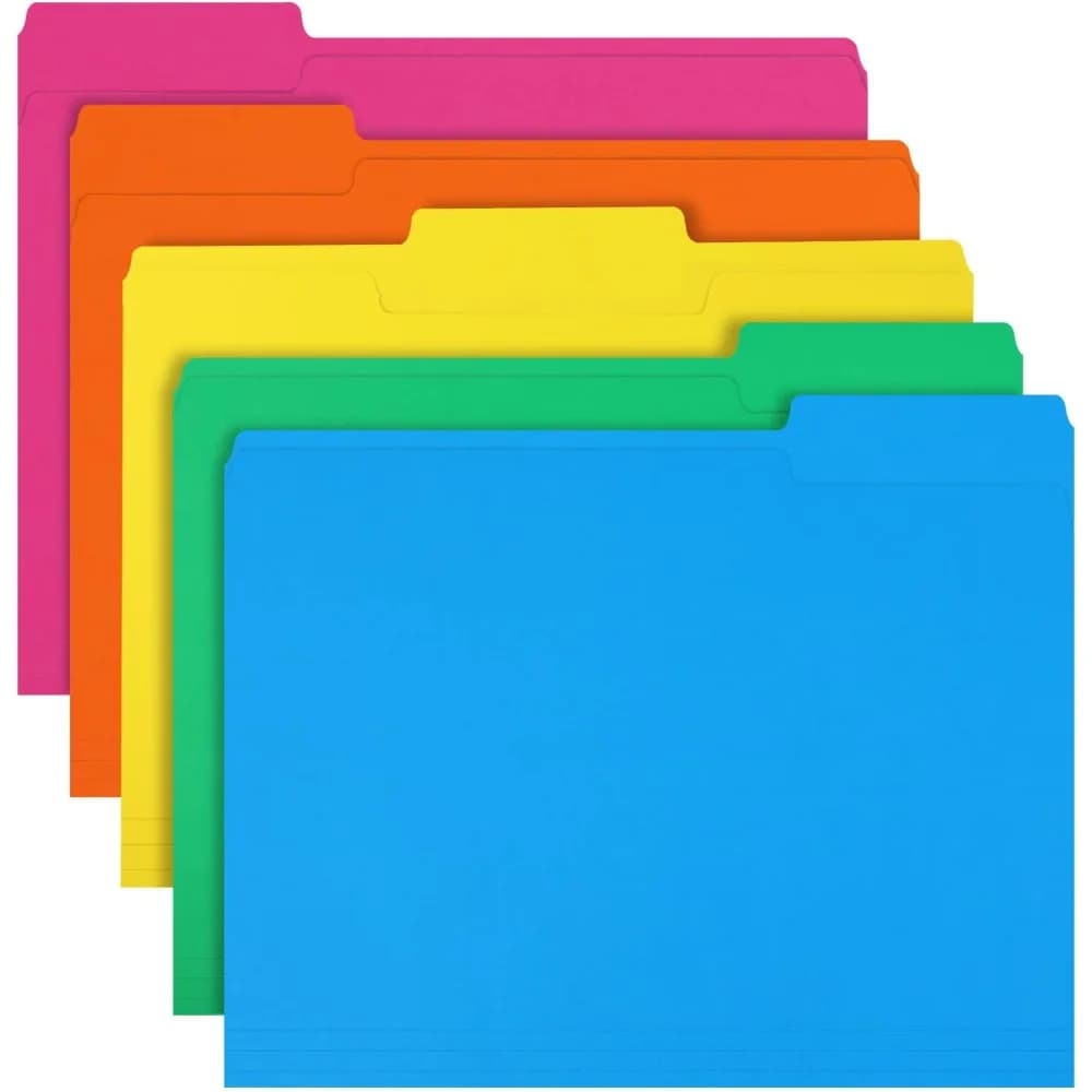 Confezione da 150 cartelle di file colorate in formato lettera con linguetta tagliata da 1/3, 5 colori assortiti.