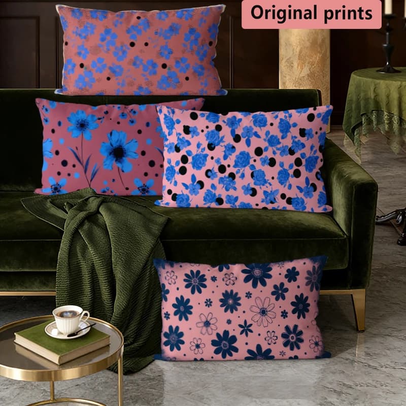 #Blue Floral Polka Dot Pillow Covers Suitable For Sofa Bedroom Car Pillow Cover Cushion Rectangular Back Cushion