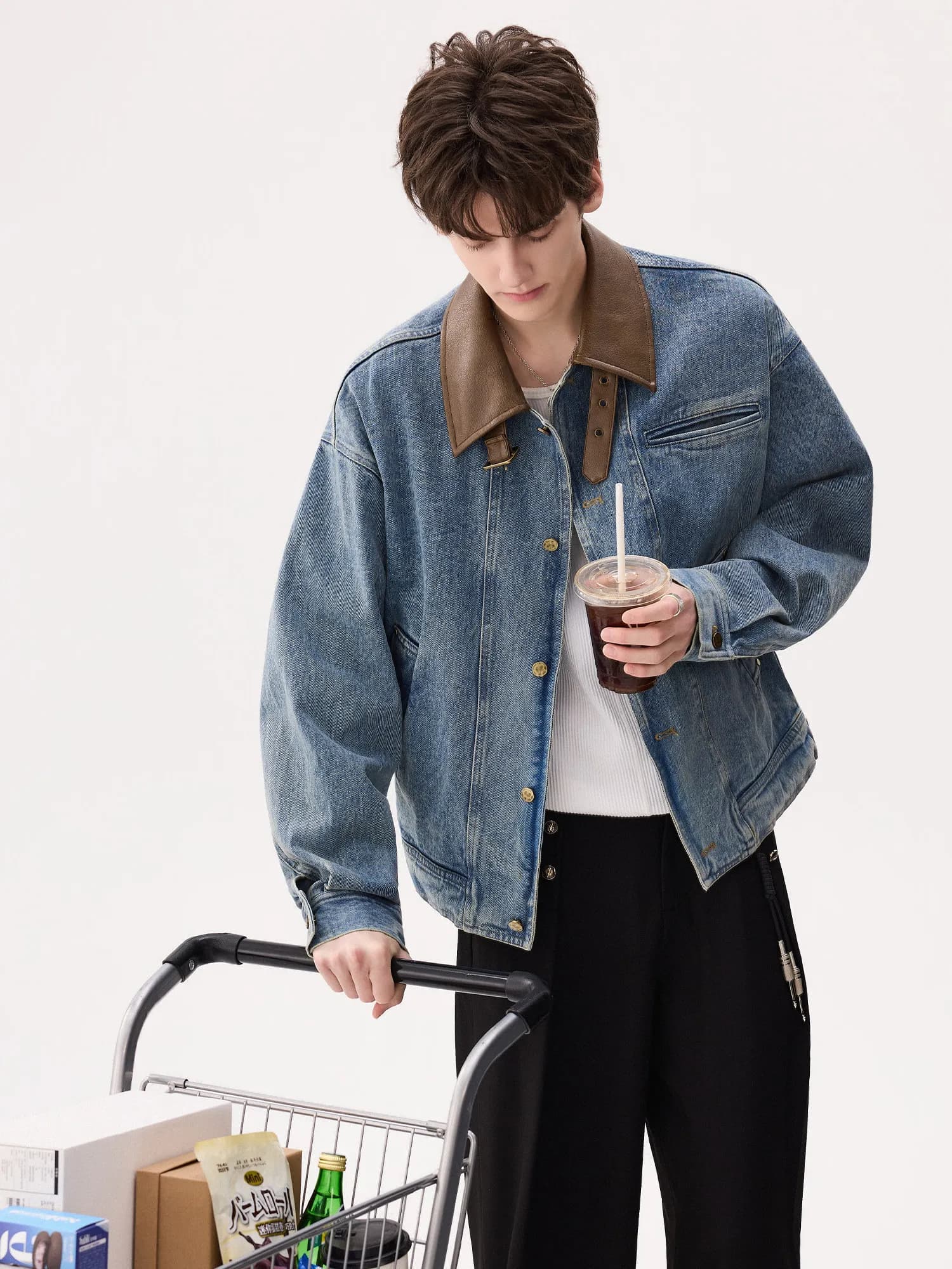 CHICERRO Giacca di jeans da uomo con colletto in pelle, stile street americano, cappotto casual a maniche lunghe per uomo, cool e di bell'aspetto