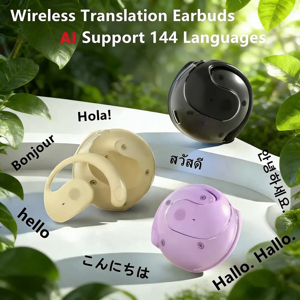 Auricolari wireless Bluetooth AI per traduzione linguistica in tempo reale 144 lingue Traduttore per cuffie da appendere all'orecchio per viaggi in fabbrica
