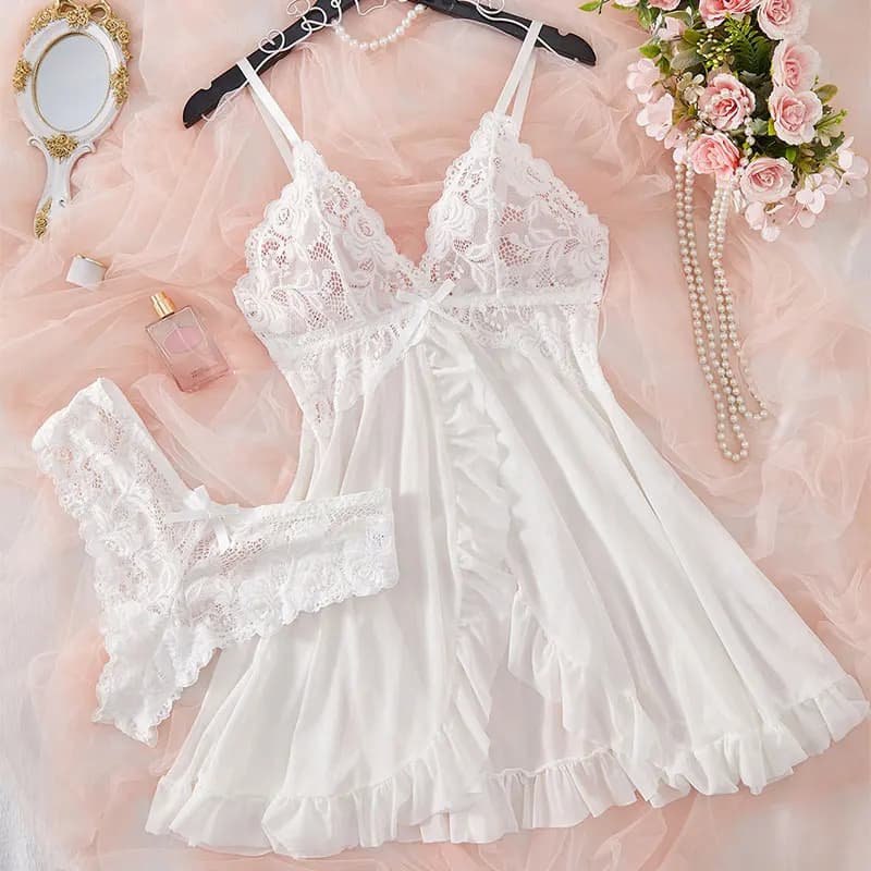 Camicia da notte rossa trasparente Intimo donna Perizoma Set Reggicalze Lingerie di pizzo Accessori sexy Reggiseno erotico Camicia da notte