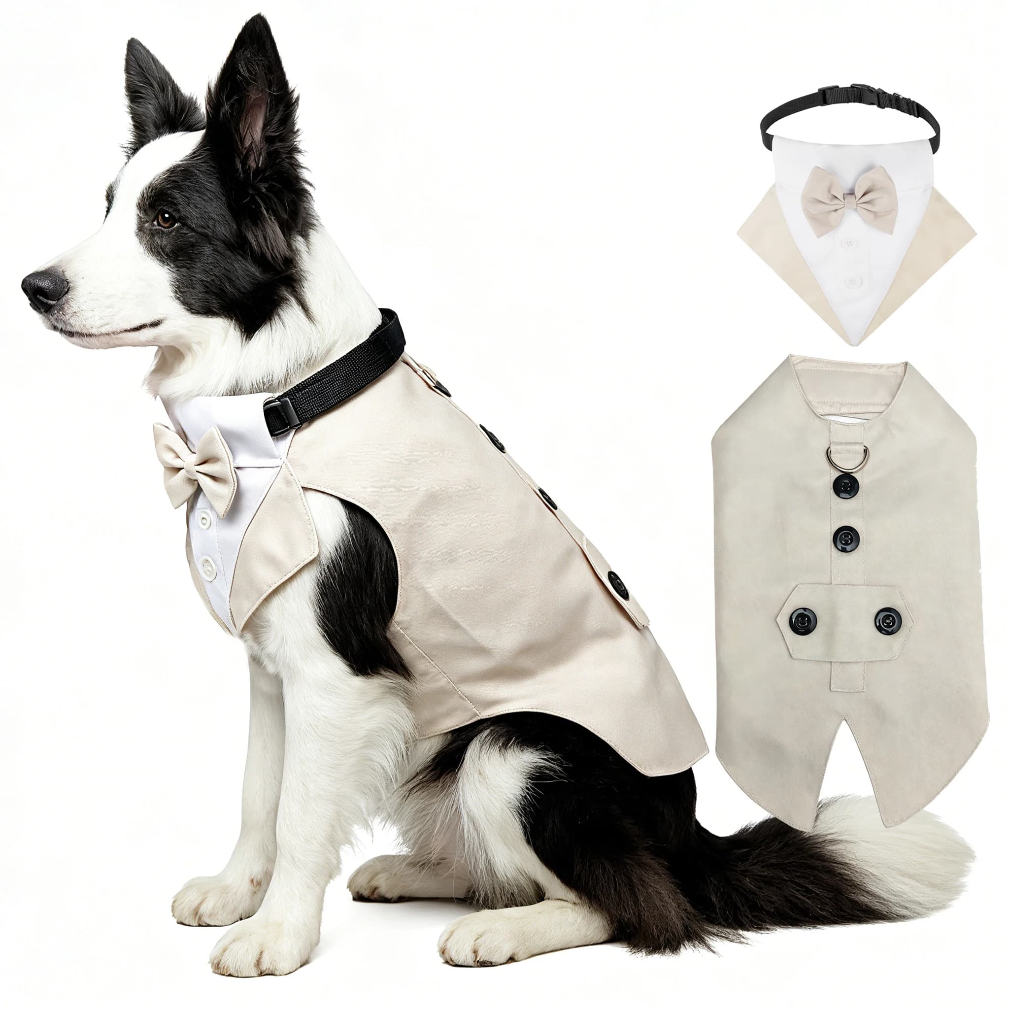 Dog Tuxedo Suit with Bowtie Collar Bandana Set Wedding Party Costume Doggy Prince Formal Outfit for Engagement Ceremony Prop