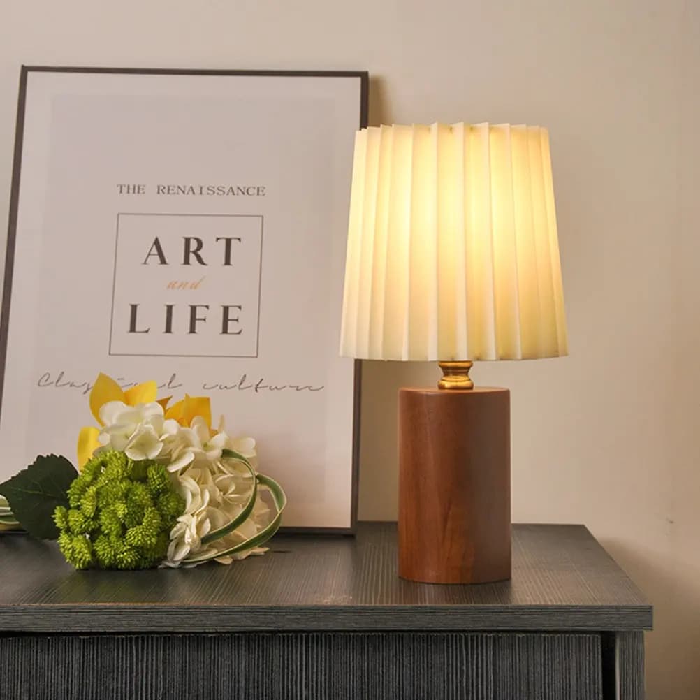 Lampada da Tavolo con Design Plissettato, Base in Legno, Luce Notturna Delicata per la Vista, Lampada da Comodino per Camera da Letto, Dormitorio, Scrivania