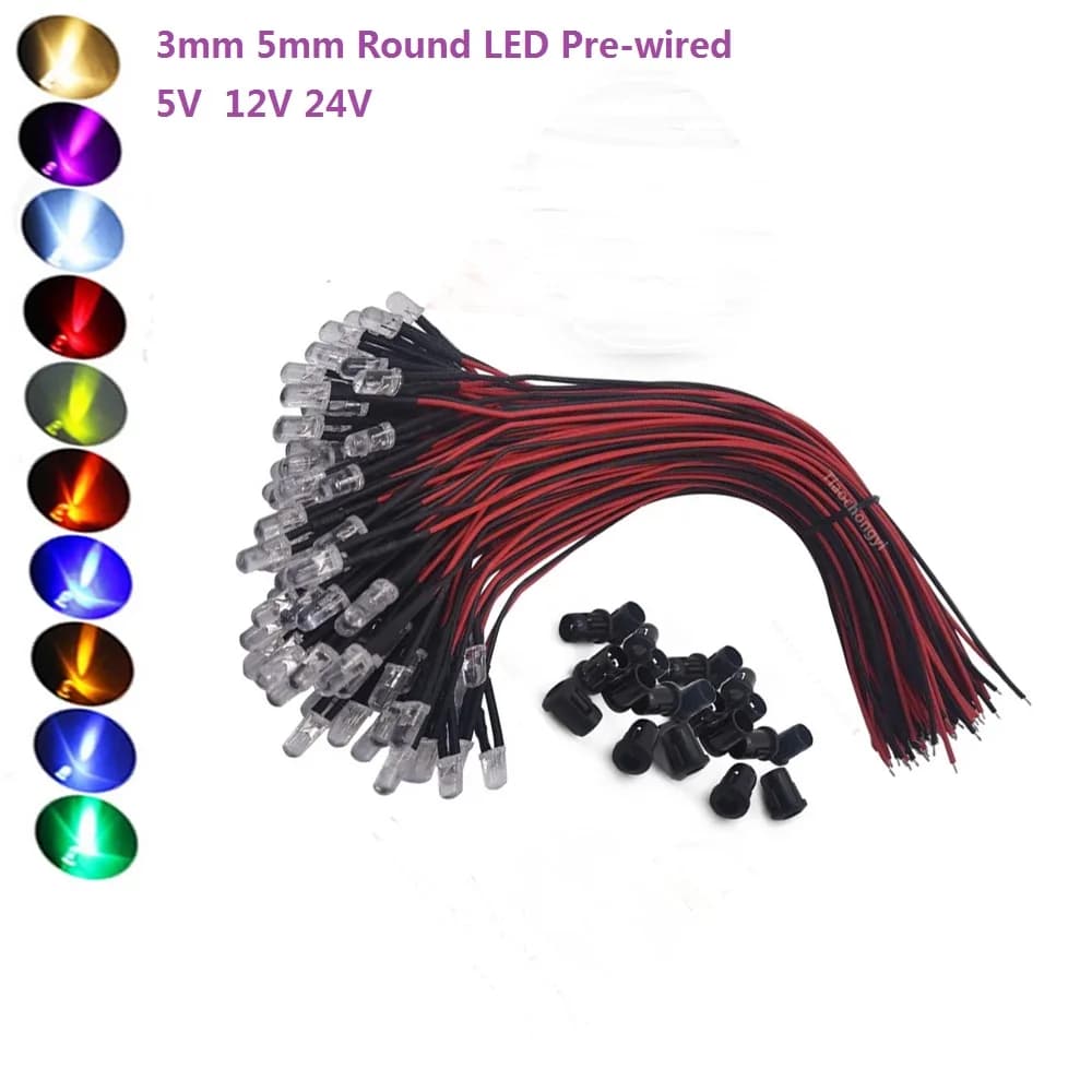 DC 5V 12V 24V 3mm 5mm Diodo led rotondo Precablato Acqua Trasparente Diodi emettitori di luce Rosso Verde Blu Bianco Giallo UV RGB 10-50 pezzi