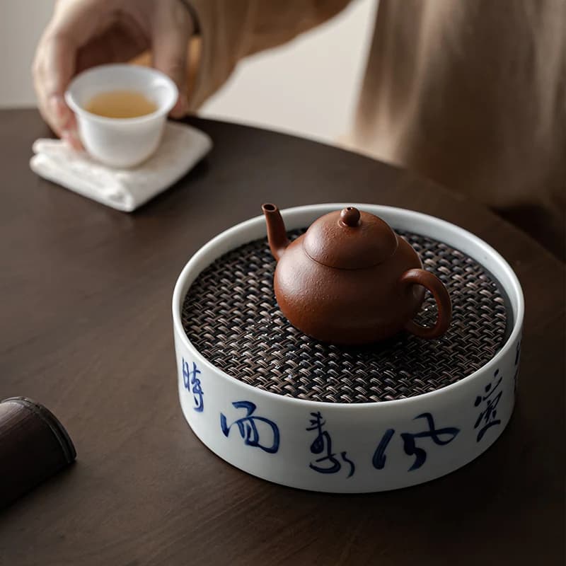 Antique Ceramic Tea Tray Water Storage Porcelain Poem And Calligraphy Tea Set Home Use Tea Tray Circular Shape Chinese Style