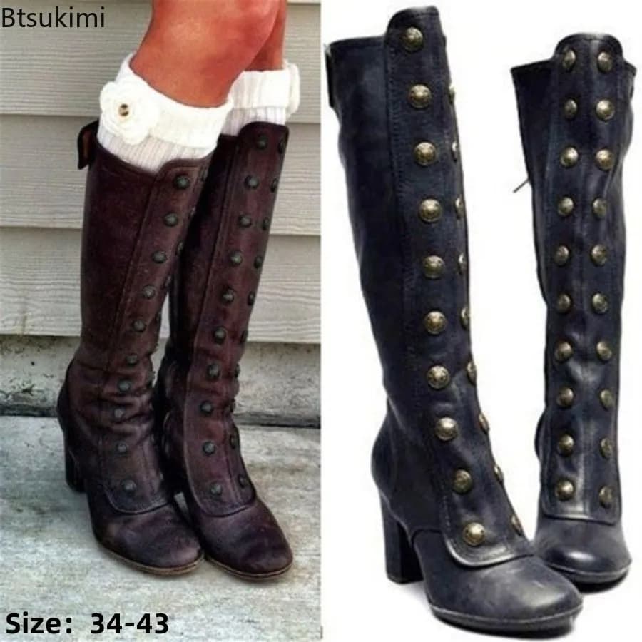 Retro Black Fashion Rivet Decor Boots Chunky Heels Knee High Slip on Shoes for Women Knight Boots Autumn Zapatos Para Mujere
