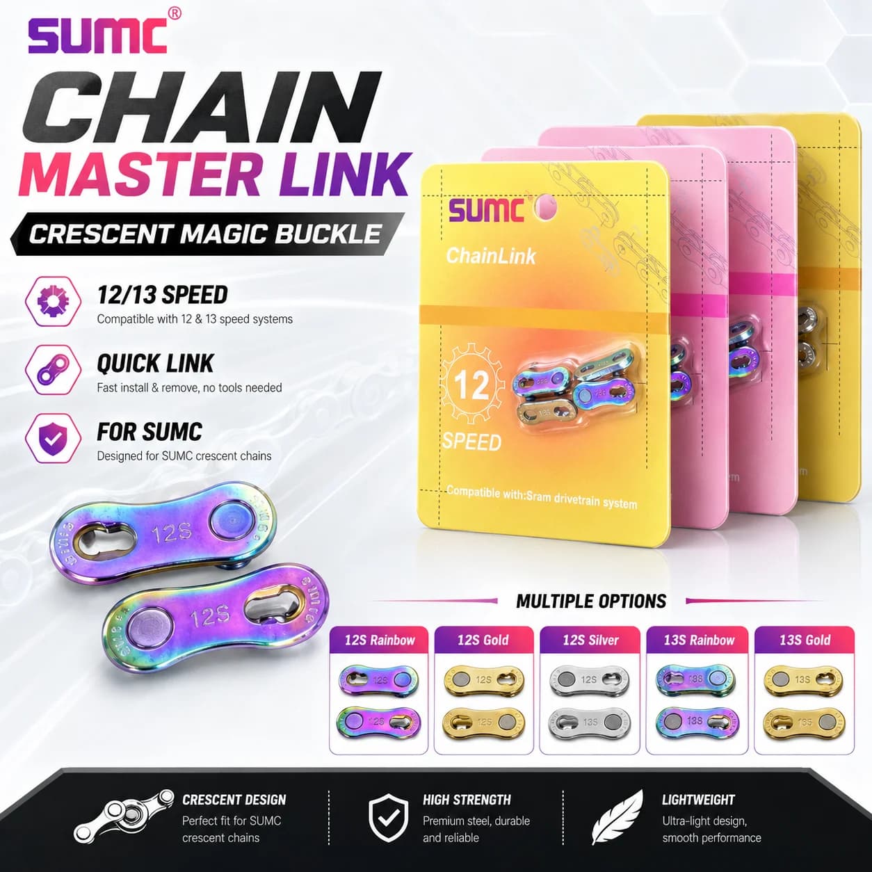 SUMC Bicycle Chain Master Link Magic Buckle for 12/13 Speed Crescent Chains Quick Link Rainbow Gold Silver Chain Connector