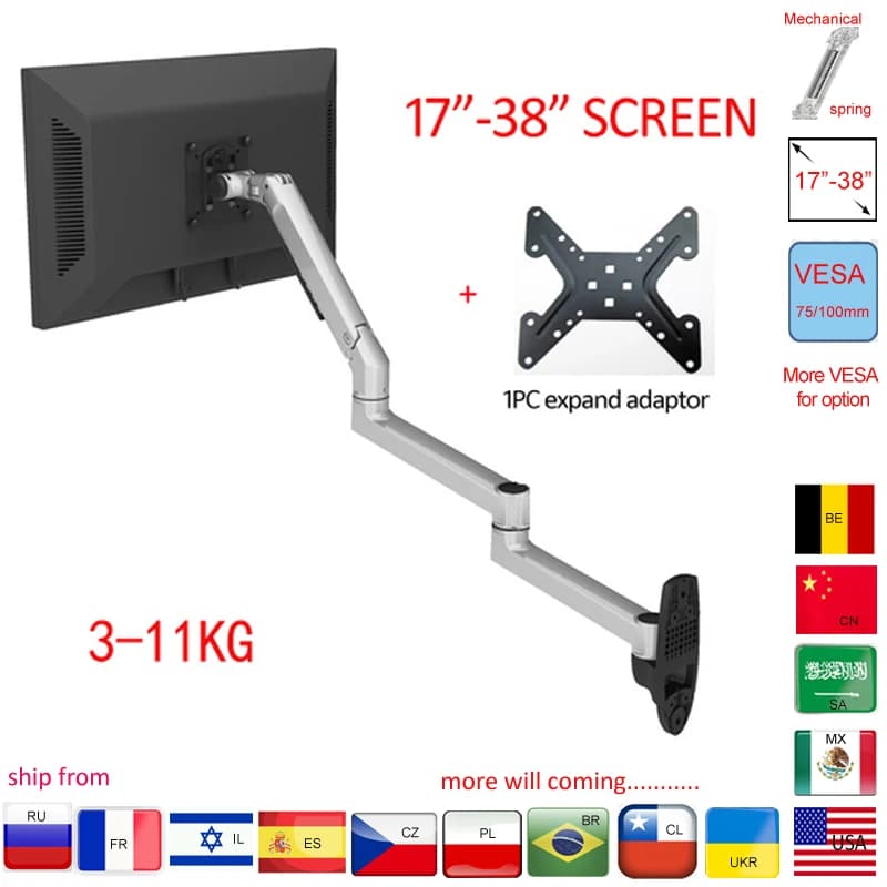 7013 15 ""-32 "17"-38 "mode mechanics aluminum steel support for monitor lcd wall bracket tv arm long 840mm 1-10kg 3-11kg 100x100
