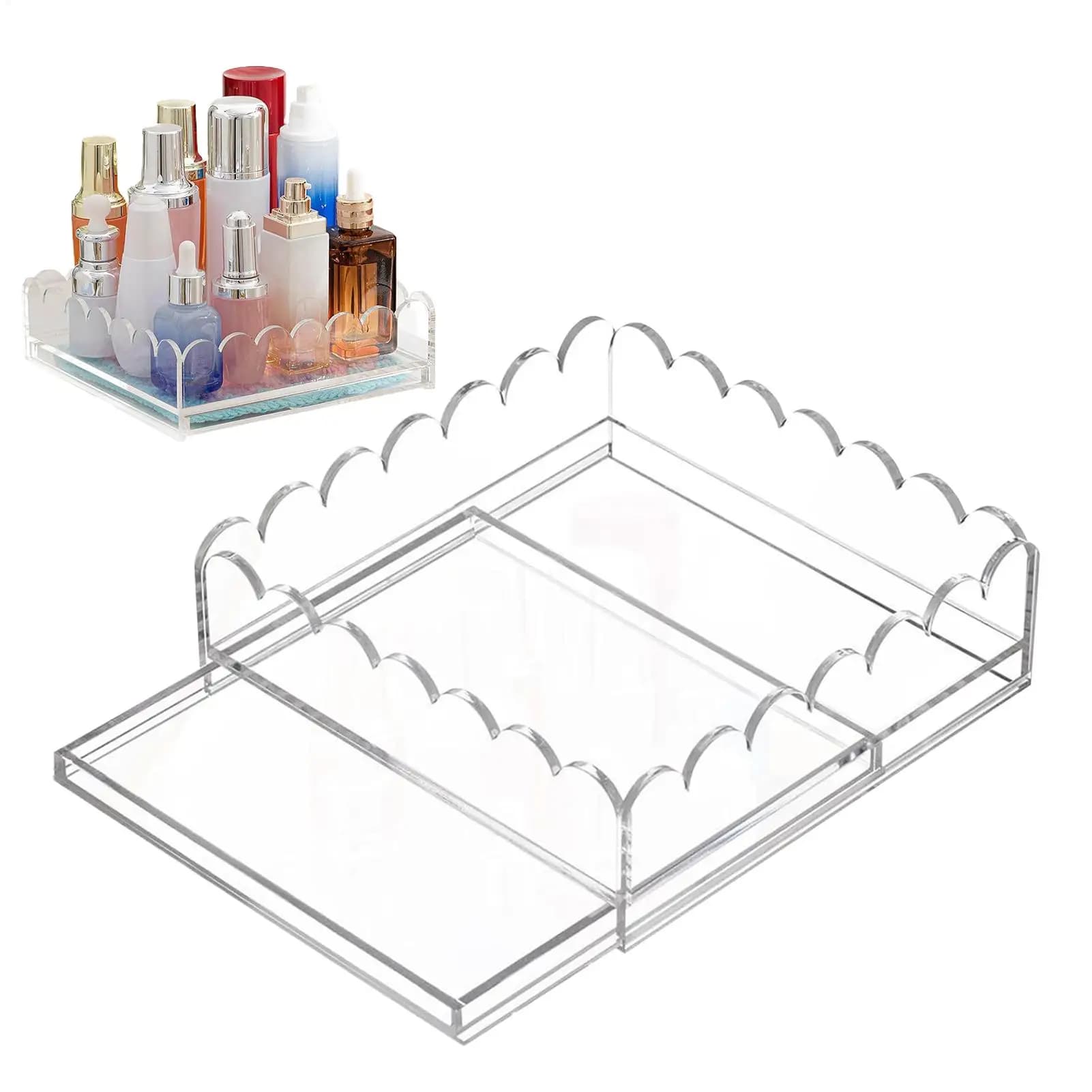 Vassoio acrilico con inserto Vassoio decorativo smerlato per gingilli con cassetto espositore Organizzatore di stoccaggio per decorazioni da scrivania per arti e
