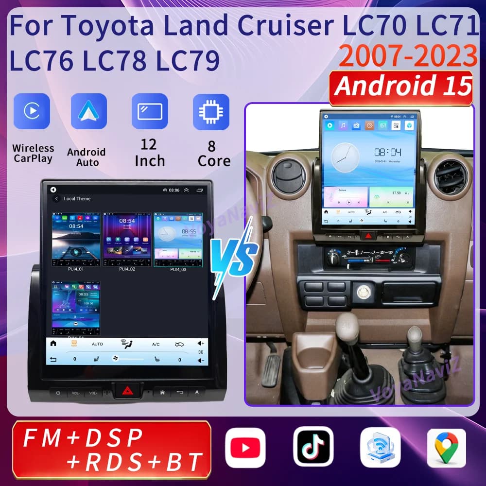 Schermo Android 15 Wireless Carplay da 12 pollici per Toyota Land Cruiser LC70 LC71 LC76 LC78 LC79 2007-2023, Lettore Multimediale Auto DSP 4G