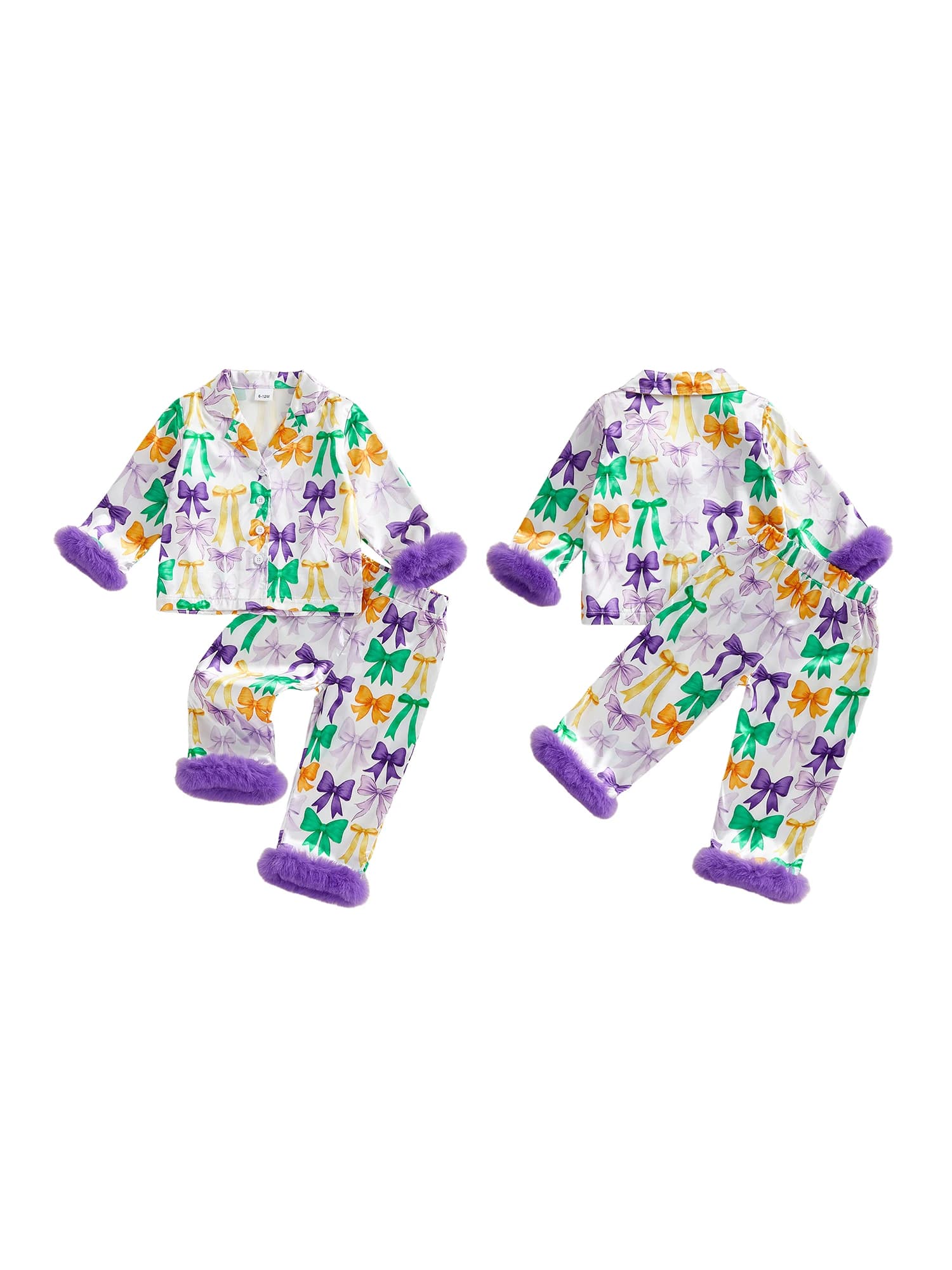 Adorabile set pigiama MardiGras per neonato con stampa colorata e accogliente finiture in pelliccia: top e pantaloni abbottonati per un