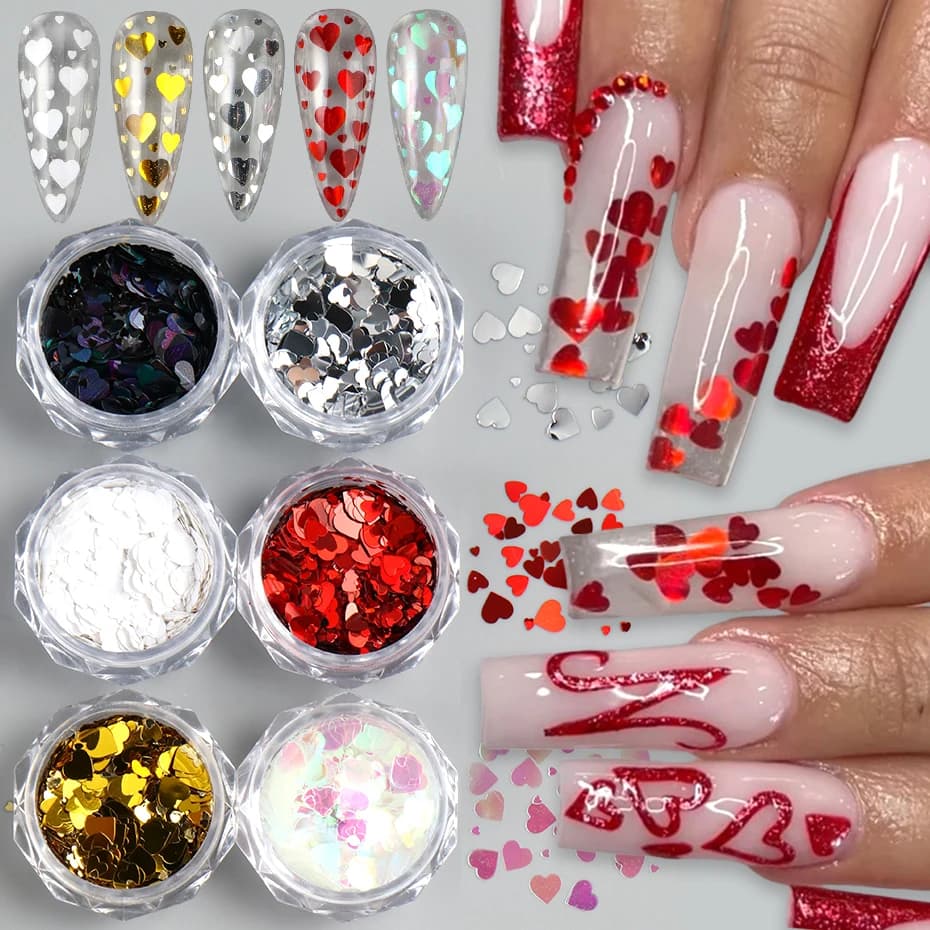 6pcs Love Heart Nail Sequins Flakes Glitter Red Gold Sliver Black White Holographic Heart Valentine Nail Art Decoration Manicure