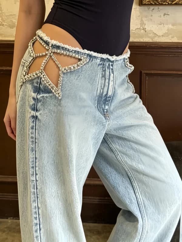 American Retro Star Embellished Denim Jeans Women's Summer Loose Wide Leg Low Waist Design Sense Jeans