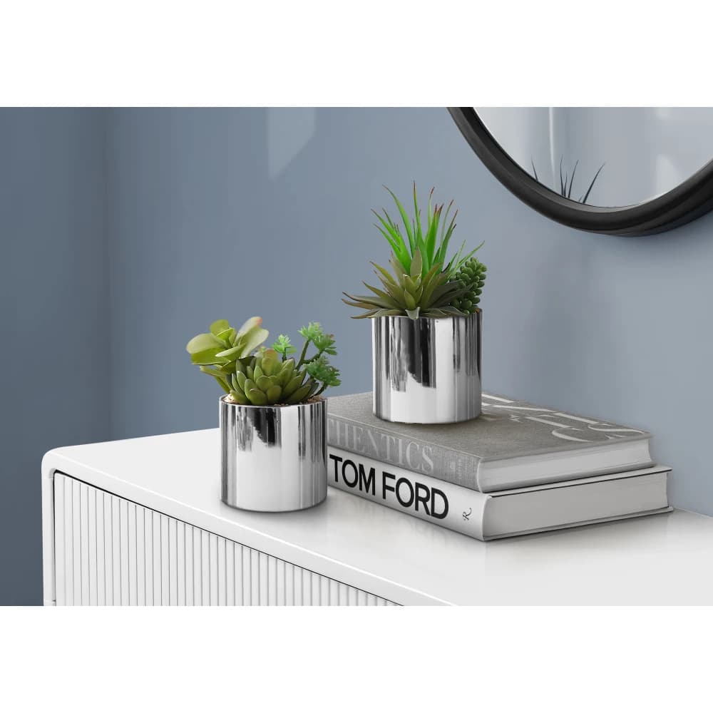 Set of 2 Artificial Succulents, 7" Tall Potted Faux Green Plants with Chrome Pots, Decorative Indoor Tabletop Greenery for Home Office