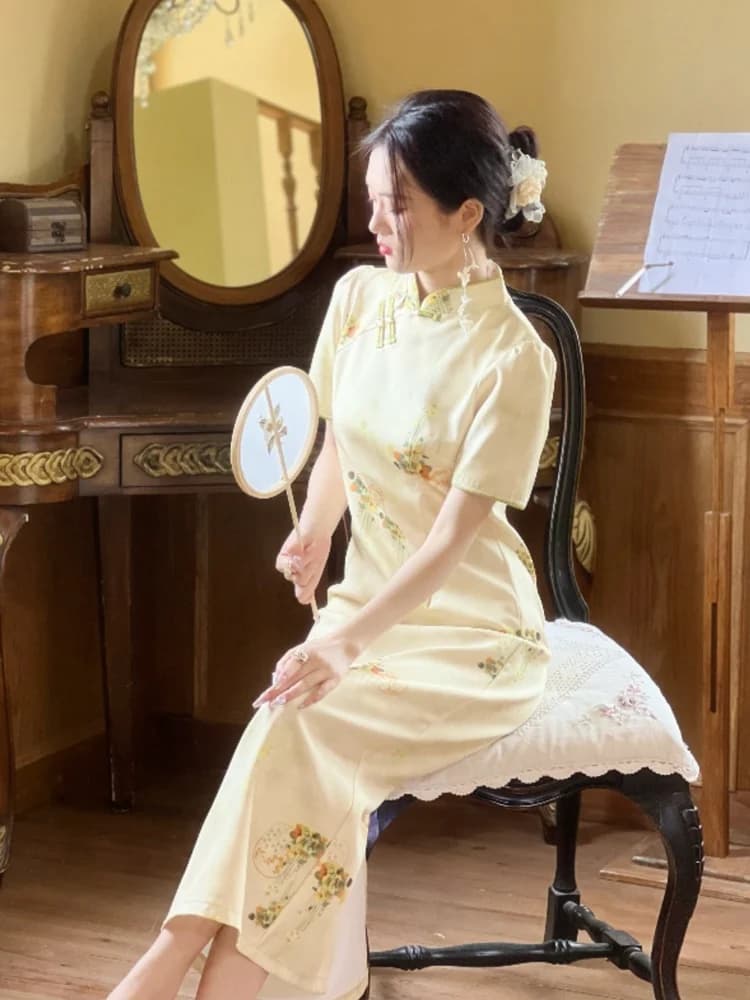 Ele ort Sve Yellowi Flag Dr Chinese Sle Gonna di media lunghezza con motivo floreale per uso quotidiano da donna