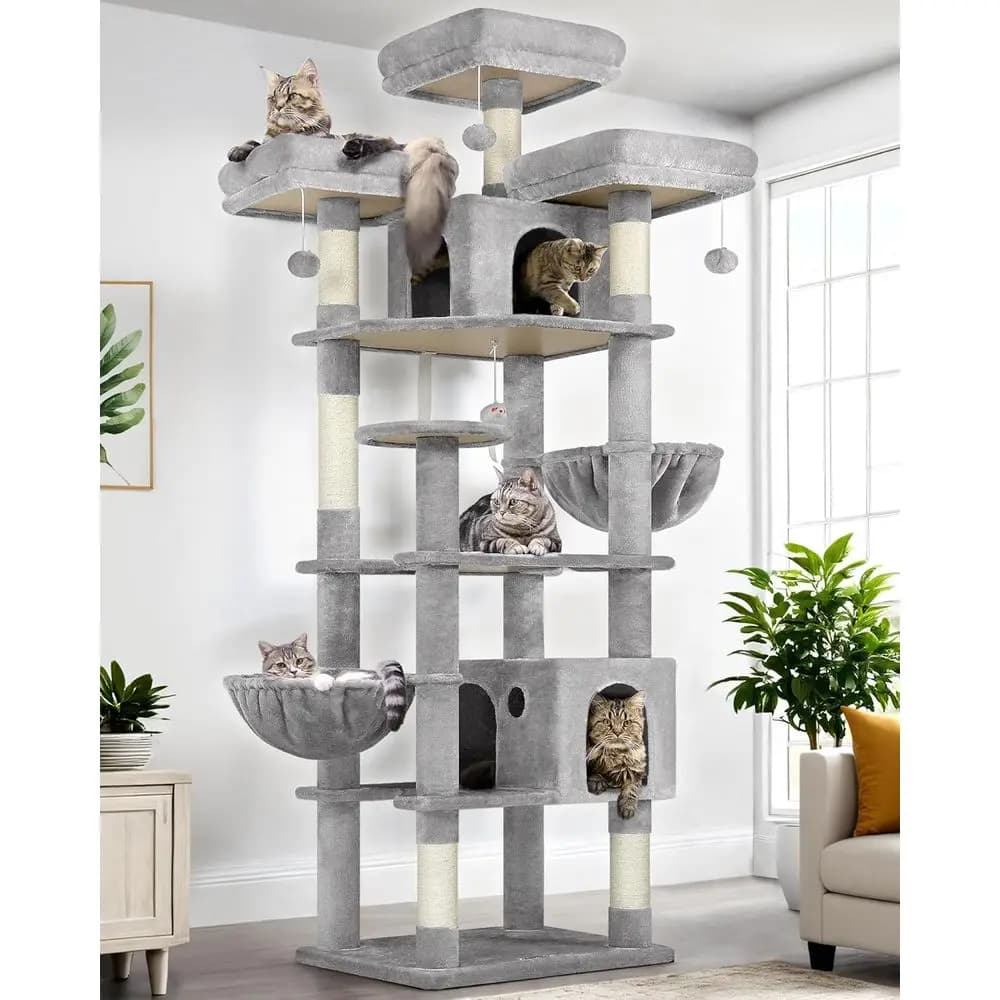 Albero per Gatti XXL Alto 82 Pollici con 3 Posti Sdraio, 2 Cucce, 2 Cesti, Grigio Chiaro