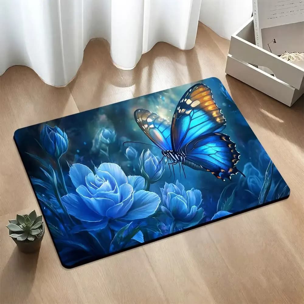 VIKAMA Tappeto con insetti esotici, farfalle tropicali, fiori da giardino, divertente tappetino morbido decorativo per ingresso, corridoio, bagno, decorazione per pavimento