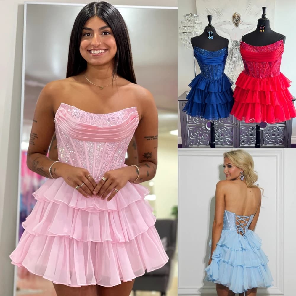 Corsetto con volant Cocktail Club Party Dress AB Crystal Short Sweet 16 Semi formale Hoco Abito da laurea Spettacolo Intervista Vacanza